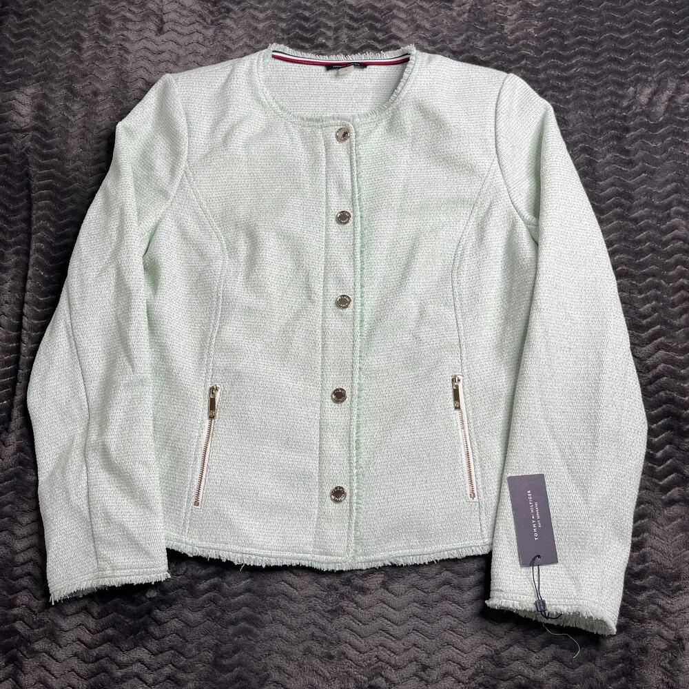 Tommy Hilfiger Jacket Women size 16 Green Tweed Collarless Lined Zip Pockets NWT